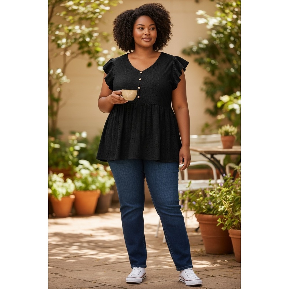 Womens 2XL Black Eyelet Peplum Blouse Flutter Sleeve Button Front Stretch Top